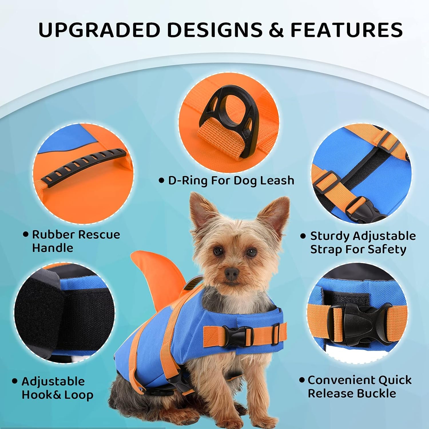Dog Life Jacket, Adjustable Dog Life Vest, Pet Lifesaver for Swimming, Shark Life Jacket with Rescue Handle, Rip-Stop Safety Vest for Small Medium Large Dogs